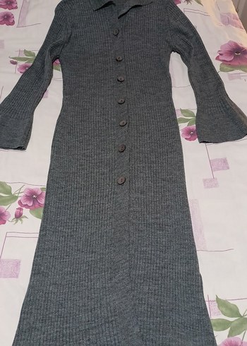 Düğmeli Uzun Kollu Gri Triko Elbise - Görsel 2