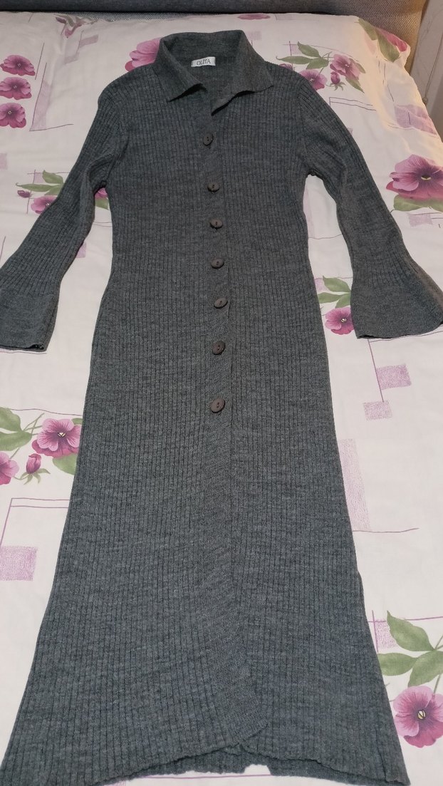 Düğmeli Uzun Kollu Gri Triko Elbise - Görsel 2