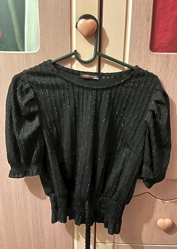 Siyah Kısa Kollu Kadın simli bluz - Görsel 3