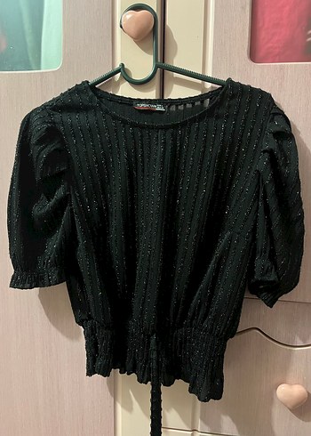 Siyah Kısa Kollu Kadın simli bluz - Görsel 2
