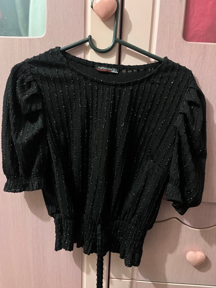 Siyah Kısa Kollu Kadın simli bluz - Görsel 5