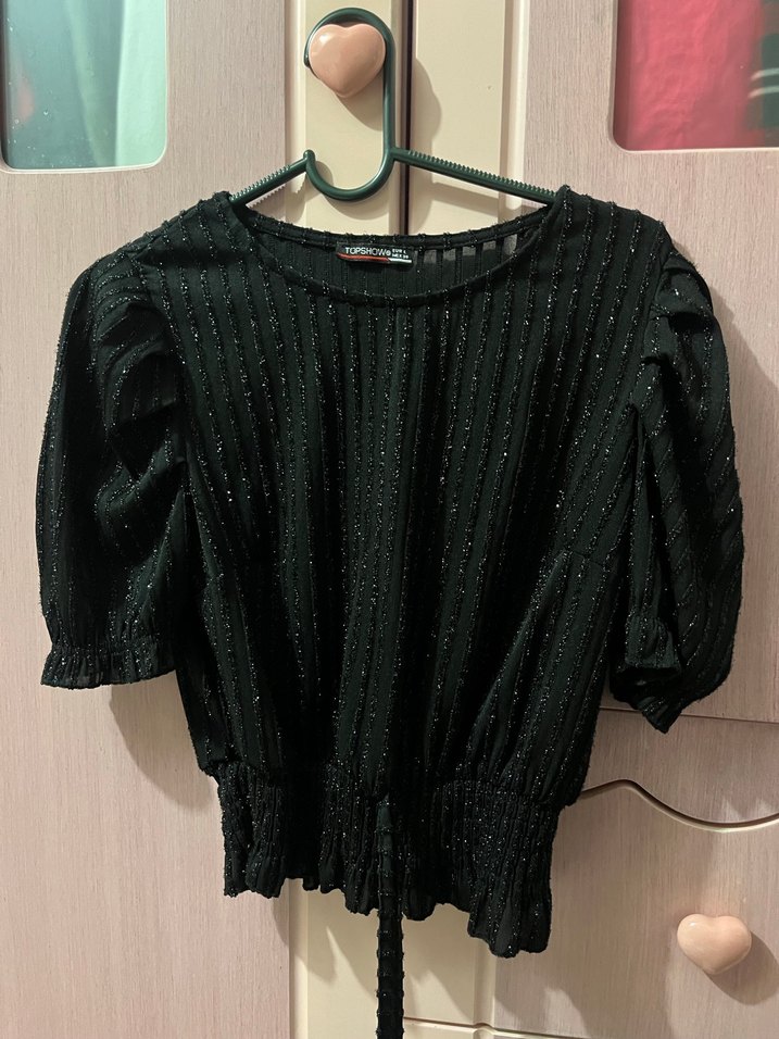 Siyah Kısa Kollu Kadın simli bluz - Görsel 2