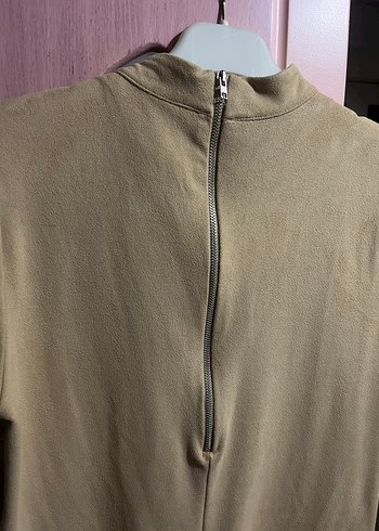 Bej Süet Kısa Kollu Midi Elbise - Görsel 4