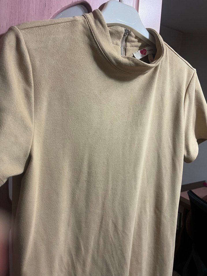 Bej Süet Kısa Kollu Midi Elbise - Görsel 2