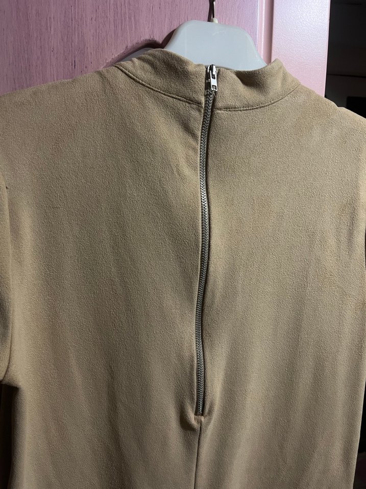 Bej Süet Kısa Kollu Midi Elbise - Görsel 4