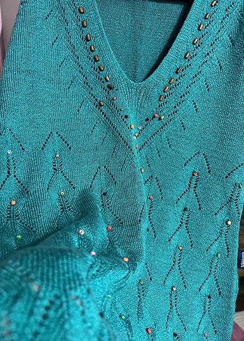 Turkuaz V Yaka Triko Kadın süveter - Görsel 2
