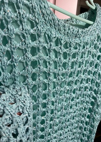 Turkuaz Bohem Örgü Kadın Kazak - Görsel 2