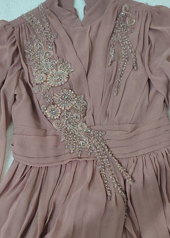 İşlemeli Gül kurusu Uzun Abiye Elbise - Görsel 3