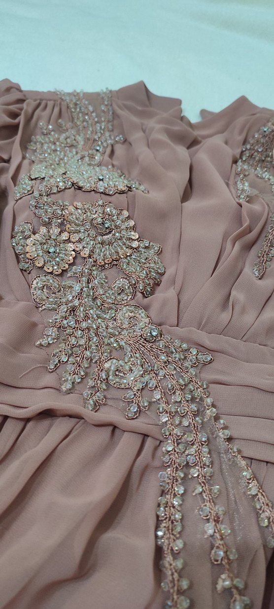 İşlemeli Gül kurusu Uzun Abiye Elbise - Görsel 4