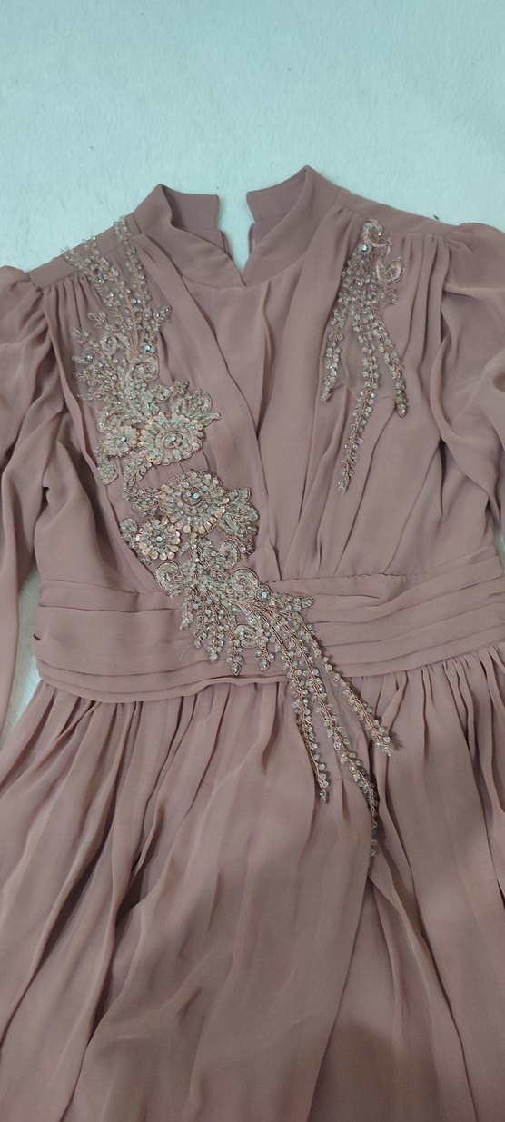 İşlemeli Gül kurusu Uzun Abiye Elbise - Görsel 3