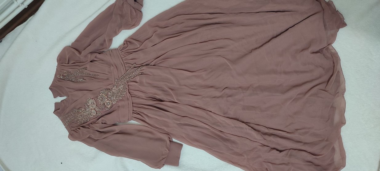 İşlemeli Gül kurusu Uzun Abiye Elbise - Görsel 2