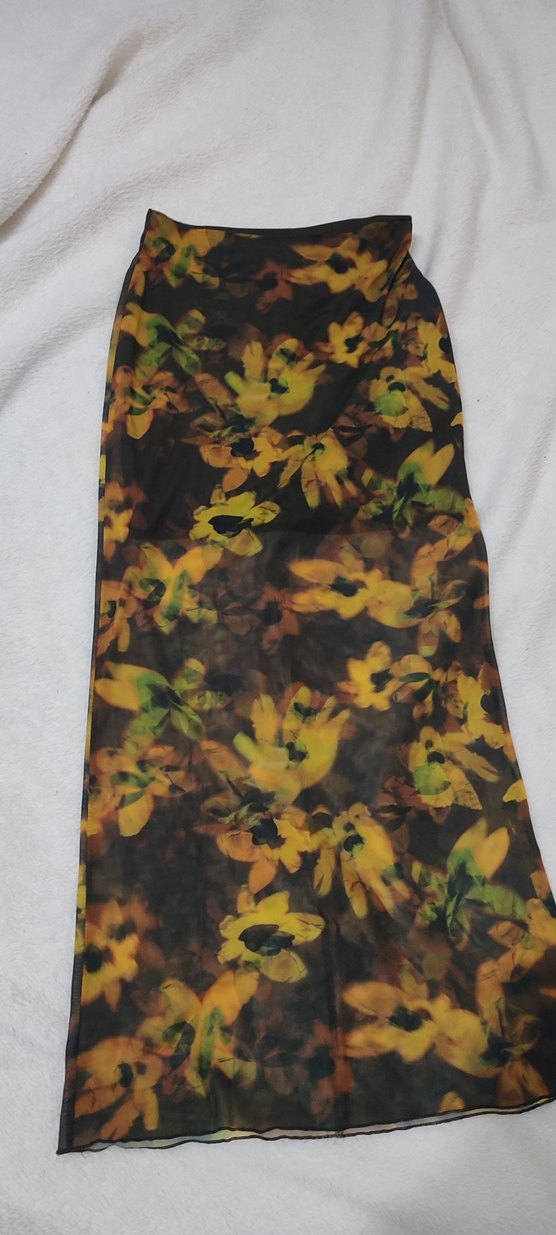 batık çiçek desenli şifon uzun yüksek bel etek. astarı diz boyu - Görsel 2