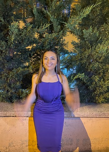 Korse detaylı Mor Drapeli Uzun Kadın Abiye Elbise - Görsel 3