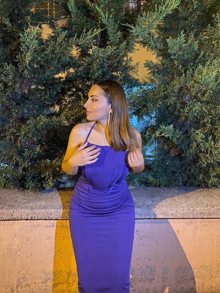 Korse detaylı Mor Drapeli Uzun Kadın Abiye Elbise - Görsel 2