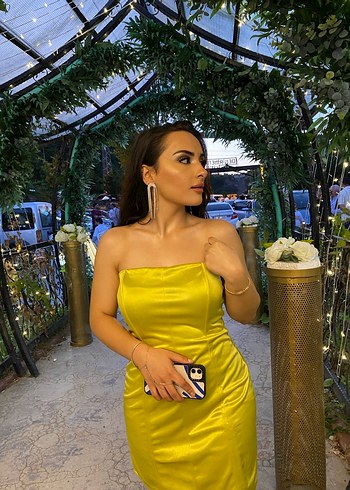 Yağ yeşili Straplez Mini Abiye Elbise - Görsel 2