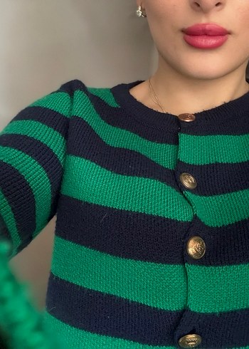 Yeşil Siyah Çizgili Triko Hırka kazak - Görsel 2