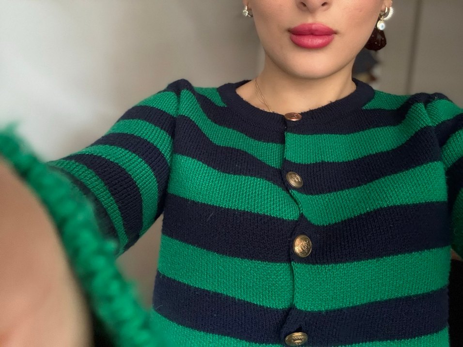 Yeşil Siyah Çizgili Triko Hırka kazak - Görsel 2