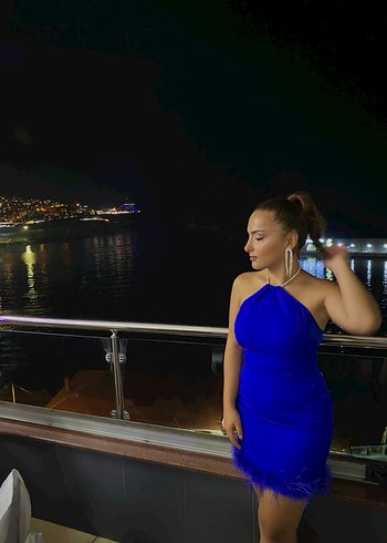 Mavi Drapeli otrişli Mini Straplez Abiye Elbise - Görsel 2