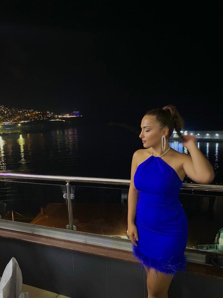 Mavi Drapeli otrişli Mini Straplez Abiye Elbise - Görsel 2