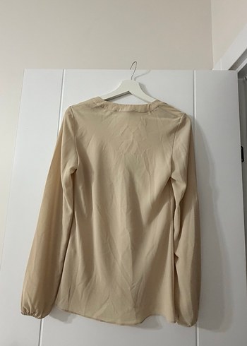 Bej V Yaka Uzun Kollu Keten Gömlek - Görsel 3