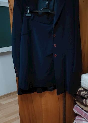 Lacivert Kadın Uzun Ceketli Takım Elbise - Görsel 2