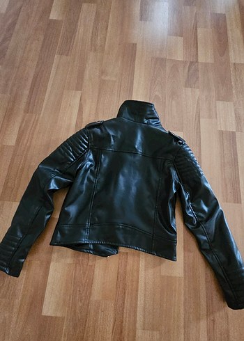 Kadın Parlak Siyah Deri Biker Ceket - Görsel 4