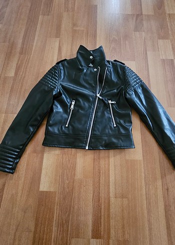 Kadın Parlak Siyah Deri Biker Ceket - Görsel 6