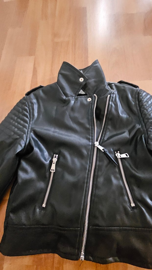 Kadın Parlak Siyah Deri Biker Ceket - Görsel 5
