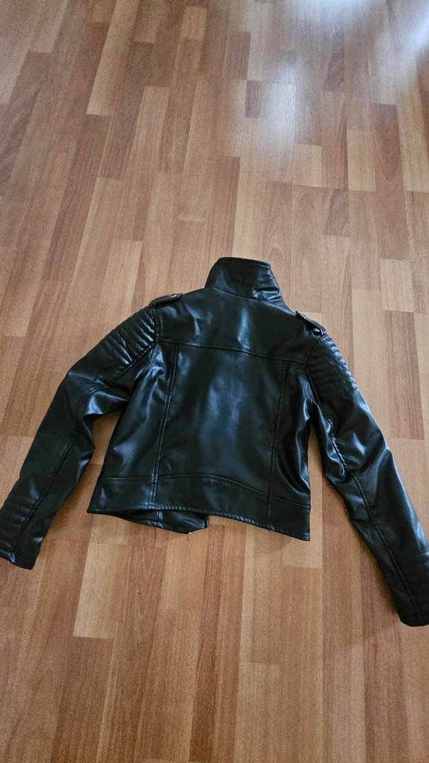 Kadın Parlak Siyah Deri Biker Ceket - Görsel 4