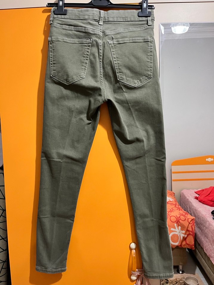 Kadın Haki Renk Kemerli Denim Pantolon - Görsel 2