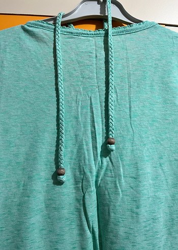 Turkuaz Keten V Yaka Bluz - Görsel 4