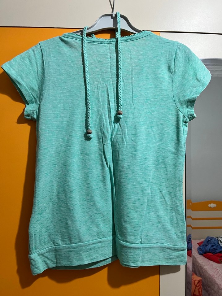 Turkuaz Keten V Yaka Bluz - Görsel 2