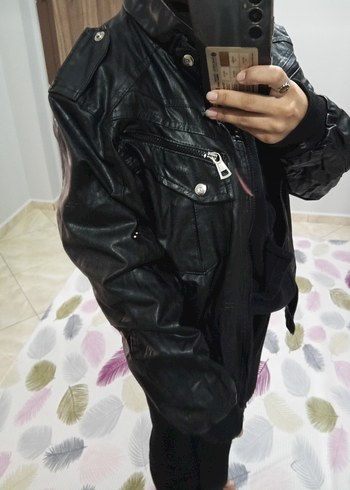 Siyah Deri erkek Ceket Yüksek Yakalı - Görsel 2