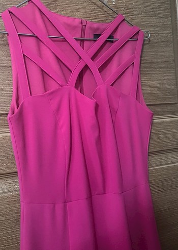 Uzun, Askılı, V Yakalı Pembe Abiye Elbise - Görsel 2