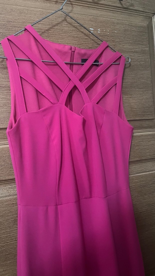 Uzun, Askılı, V Yakalı Pembe Abiye Elbise - Görsel 2