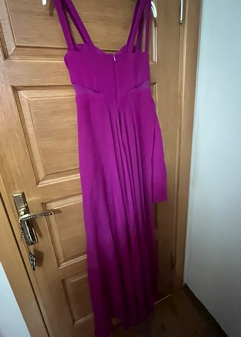 Mor Uzun Drapeli V Yaka Kadın Abiye Elbise - Görsel 2