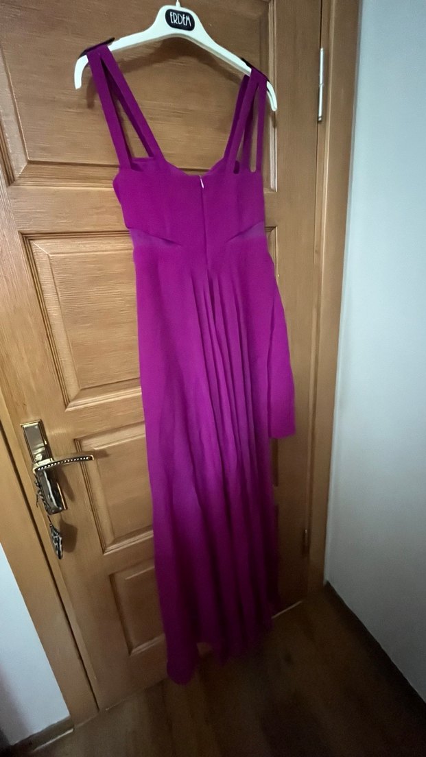 Mor Uzun Drapeli V Yaka Kadın Abiye Elbise - Görsel 2