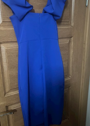 Mavi Straplez Uzun Kollu Fırfırlı Elbise - Görsel 2