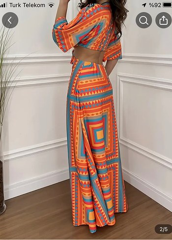 Turuncu Bohem V Yaka Uzun Elbise - Görsel 2
