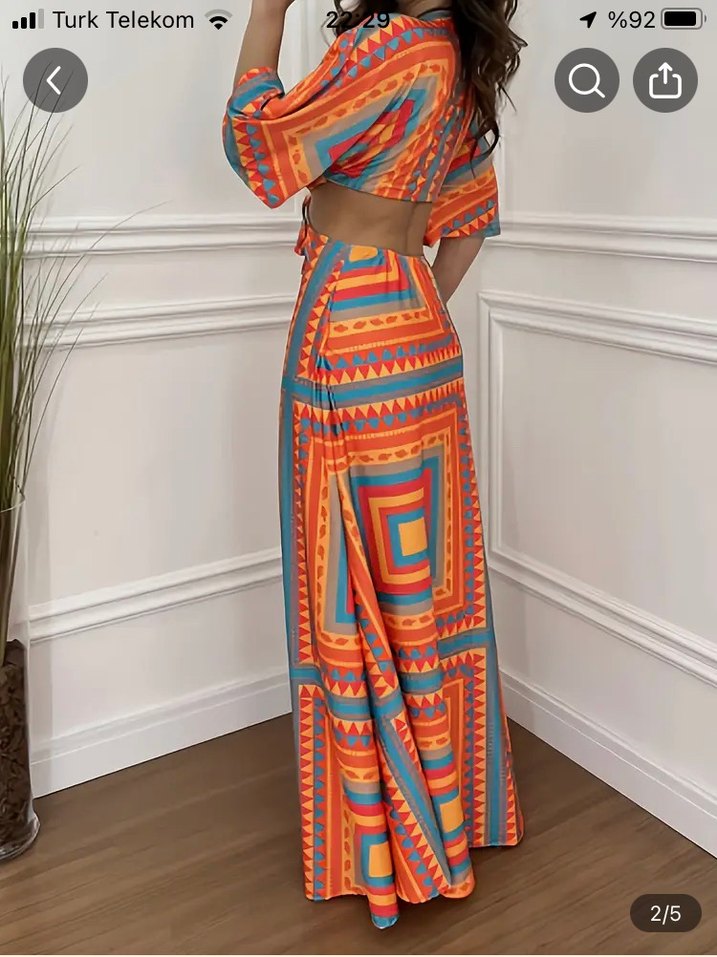 Turuncu Bohem V Yaka Uzun Elbise - Görsel 2