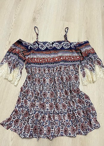 Dantel Detaylı Çok Renkli Bohem Mini Elbise - Görsel 2