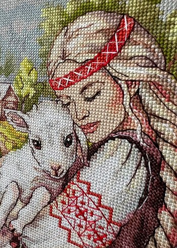 El yapımı kanaviçe tablosu Kız ve Kuzu - Görsel 2