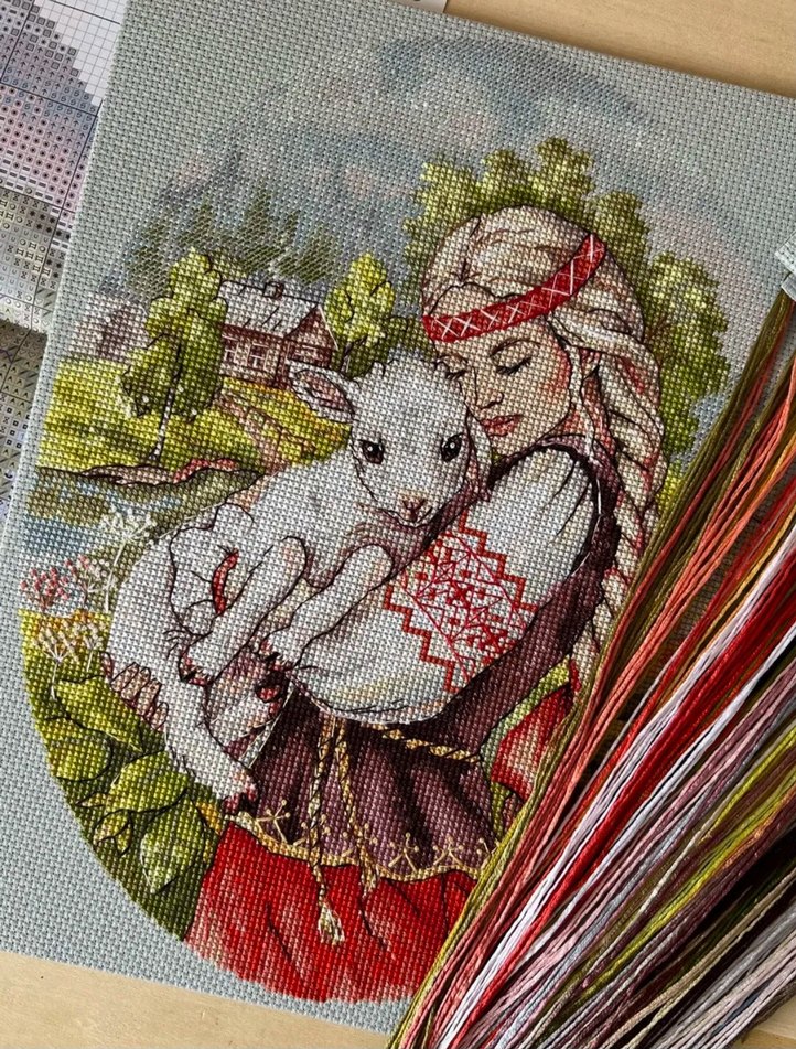 El yapımı kanaviçe tablosu Kız ve Kuzu - Görsel 5