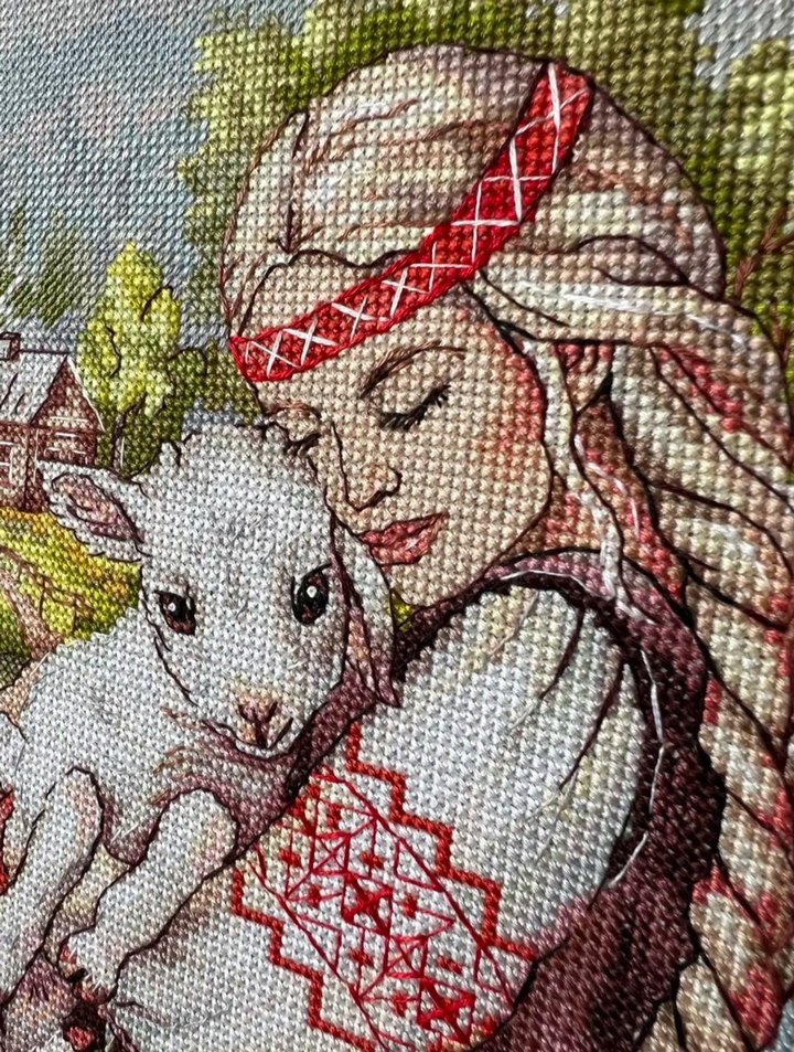 El yapımı kanaviçe tablosu Kız ve Kuzu - Görsel 2