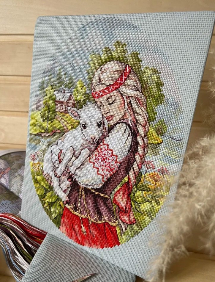 El yapımı kanaviçe tablosu Kız ve Kuzu - Görsel 3