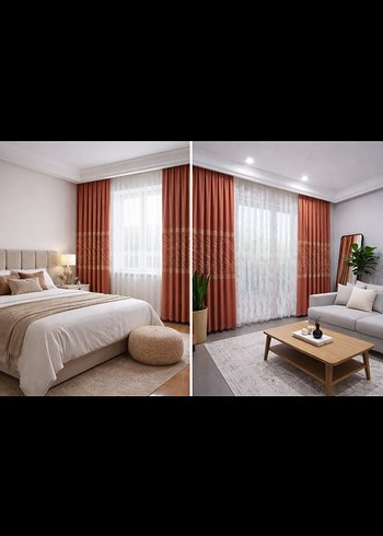 2 Adet Keten Fon Perde | Şık ve Modern Tasarım KİREMİT rengi - Görsel 8