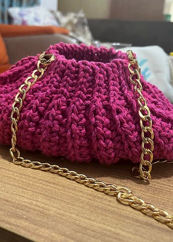 Pembe Örgü Kadın Çanta Zincir askılı - Görsel 5