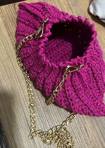 Pembe Örgü Kadın Çanta Zincir askılı - Görsel 2