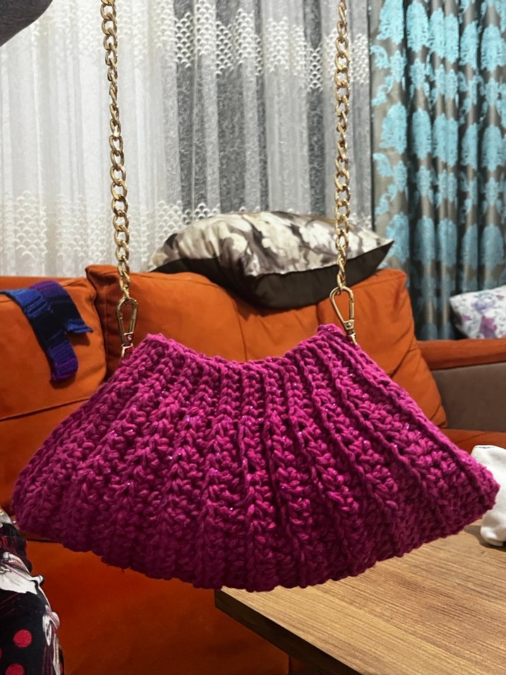 Pembe Örgü Kadın Çanta Zincir askılı - Görsel 3
