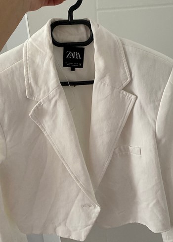 Beyaz Keten Kısa Kollu Kadın Blazer - Görsel 5